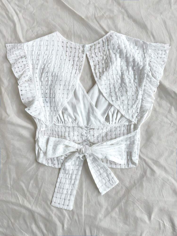 Plus Size White Textured Flutter Sleeve Loose-Fit Shirt With Back Tie Detail For Casual & Vacation Beach Essentials Beach Women Best Sellers Babydoll Top Blouse Going Out Clothes Babydoll Summer Shirts Summer Fits Cute V-Neck Textured Gathered Pleated Shirt