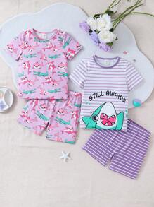 SHEIN Young Girl Pink Cute Shark Pattern Striped Short Sleeve & Shorts 4-Piece Snug Fit Pajama Set - Mauve Purple - View 1