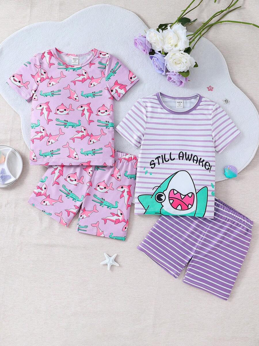 SHEIN Young Girl Pink Cute Shark Pattern Striped Short Sleeve & Shorts 4-Piece Snug Fit Pajama Set - Mauve Purple - View 1