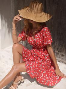 SHEIN Frenchy Kỳ nghỉ hè dành cho nữ Váy quấn in hoa nhỏ có viền diềm xếp nếp và váy suông buộc eo, váy ngắn, in hoa, thẩm mỹ nữ tính lãng mạn, chữ A phù hợp với hầu hết dáng người - Nhiều màu - Xem 2