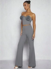 Hauture 3D 玫瑰上衣和裤子细条纹两件套