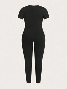 Slaydiva 女士加大码连体裤，适合日常和休闲穿着。修身拉链短袖踝长连体裤 - 黑色 - 查看 2