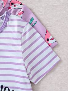 SHEIN Young Girl Pink Cute Shark Pattern Striped Short Sleeve & Shorts 4-Piece Snug Fit Pajama Set - Mauve Purple - View 7