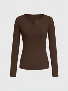 INAWLY Camiseta ajustada de punto con botones de media tapeta, manga larga de punto acanalado para mujer de primavera/verano - Marrón - Ver 3