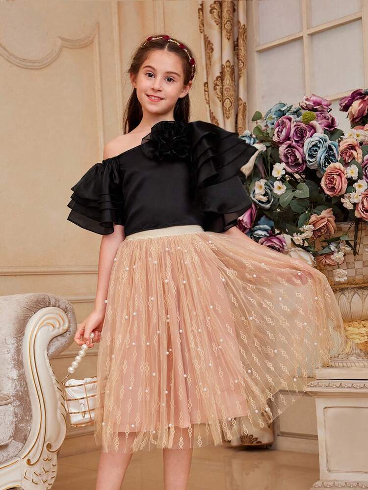 2pcs/Set Tween Girls' Cute Asymmetrical Layered Organza Ruffle Hem Top & Beaded Mesh Skirt