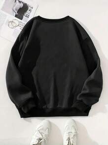 SHEIN EZwear Của phụ nữ Vui In Vòng cổ Áo nỉ - màu đen - Xem 2