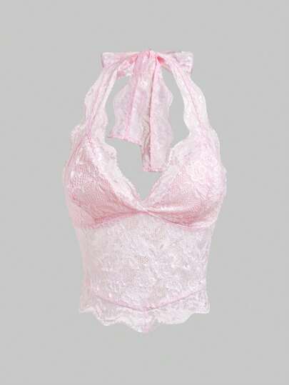 ROMWE Fairycore Women's Summer Sexy Solid Color Lace Halter Backless Top