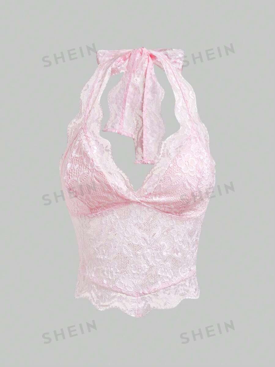 ROMWE Fairycore Top de encaje para mujer de verano, unicolor, sexy, con tirantes halter y descubierto en la espalda - Rosa - Ver 1