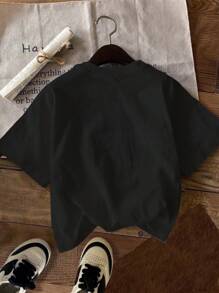 SHEIN Leap Crew Teen Girls' Casual Vintage Cherry Print Short Sleeve T-Shirt, Cotton Blend, Suitable For Summer - Black - View 2