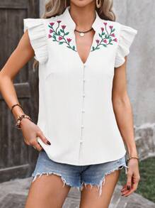 SHEIN Clasi Embroidered Notched Collar Cap Sleeve Shirt For Spring/Summer - White - View 4