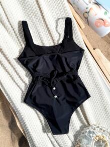 SHEIN Swim Women's Fashionable Summer One Piece Swimsuit In Solid Color, Resort Style