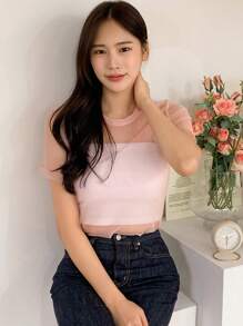 DAZY 女式夏季圆领网眼短袖透明上衣，返校服装 - 粉色 - 查看 9