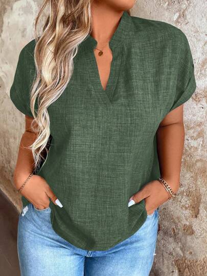 EMERY ROSE Plus Storlek Sommar Casual V-ringade Kragar Batvinge Ärm Skjorta
