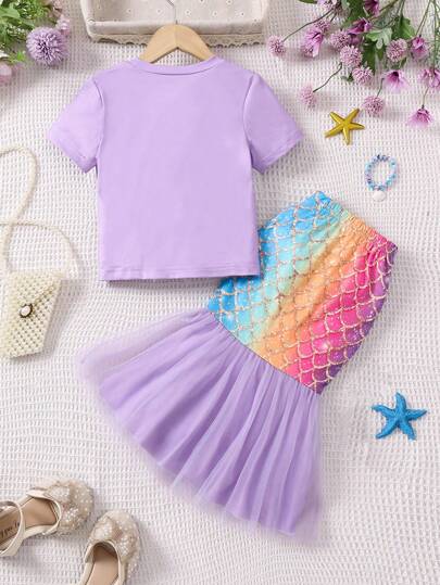 Young Girls Mermaid Printed Top & Scale Printed Tulle Skirt Set