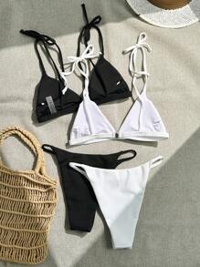 SHEIN Swim Ensemble de 2 pièces de bikini texturé de couleur unie pour l'été - Noir et Blanc - Voir 2