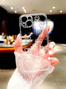 Valentines Y2K Heart Print Rhinestone Decor Clear Phone Case,International Version, Not The Domestic Version - Multicolor - View 1