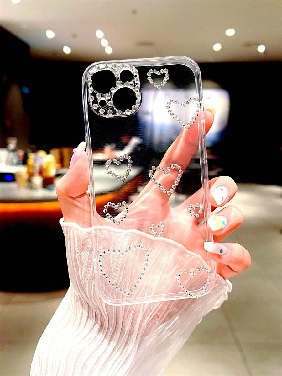 Valentines Y2K Heart Print Rhinestone Decor Clear Phone Case,International Version, Not The Domestic Version - Multicolor - View 1