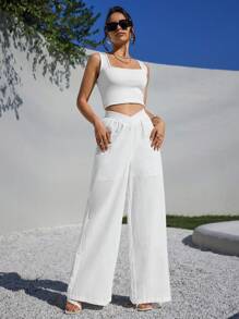 SHEIN Essnce 白色女士套裝寬鬆高腰寬鬆女褲休閒褲亞麻褲 - 白色 - 查看 3