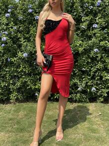 SHEIN SXY 不對稱翻領鱗片拼接單肩束腰裙 - 紅色 - 查看 5