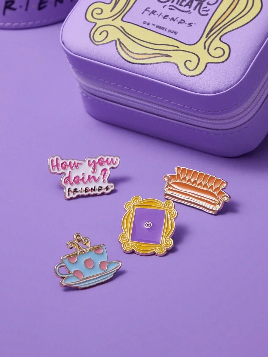 FRIENDS X SHEIN 4pcs Zinc Alloy Oil Drop Memorial Badge Brooch, Pins,Gifts - Multicolor - View 1