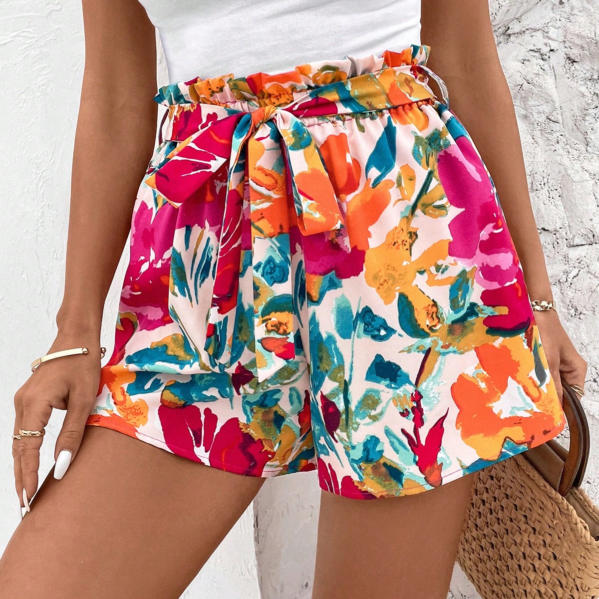 Shorts Ã€ Taille Sac En Papier ImprimÃ© Fleuri Pour Femme, Printemps Ã‰tÃ©, Pour Les Vacances