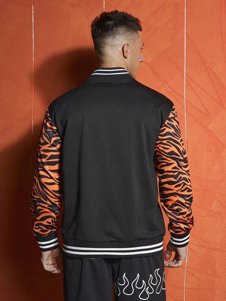 Boyfriend Style Men's Baseball Collar Tie Pocket Letter & Cartoon Printed Sports Jacket Workout Tops