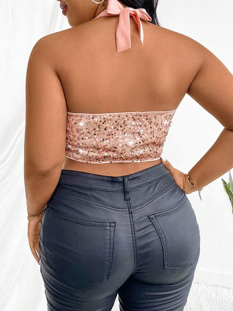 Plus Size Sparkly Square Neck Crop Top With Slim Fit And Patchwork Design