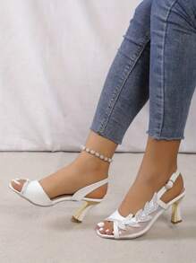 女士夏季水钻细节扣带闪亮露趾高跟凉鞋