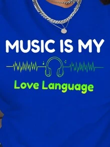 SHEIN LUNE Áo thun nữ ngắn tay in khẩu hiệu và tai nghe ÂM NHẠC LÀ Ngôn ngữ tình yêu của tôi - Xanh đậm - Xem 3