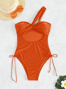 Swim SXY Màu thuần Xu hướng: Cắt giảm Áo tắm một mảnh Với dây rút Bên - trái cam - Xem 2
