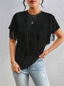 Chiquease Women's Summer Fashion Solid Color T-Shirt With Tassel Design