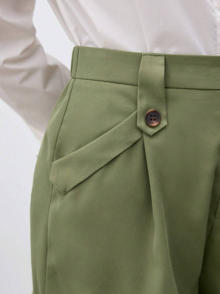SHEIN Unity 女士實色鈕扣口袋短褲 - 軍綠色 - 查看 5