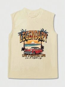 Manfinity RSRT Men's Summer Seaside Scenery & Letter Print Wide Strap Tank Top - Khaki - View 6