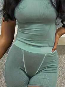 INAWLY Của phụ nữ Mũi chỉ tương phản Áo thun Và Bộ quần short - Màu xanh Bạc hà - Xem 4