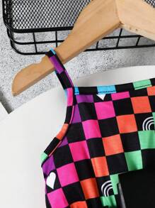 Baby Girl Y2k Streetwear Mosaic Print Spaghetti Strap Flare Jumpsuit With Waist Bag For Summer