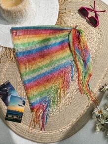 Costavie 女士彩色碎片拼接流蘇綁帶前開襯衫，適合夏季海灘 - 彩色 - 查看 3