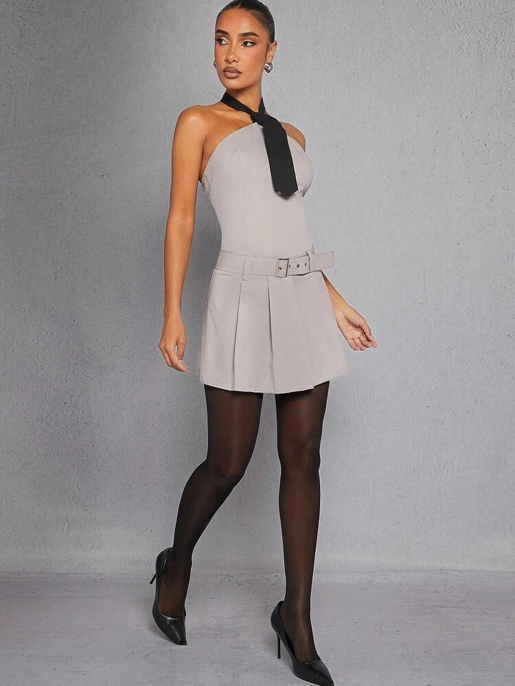 Tie Halter Neck Belted Pleated Dress