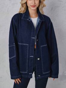 SHEIN Túi nghiêng Thả vai Áo khoác denim - Rửa tối - Xem 1