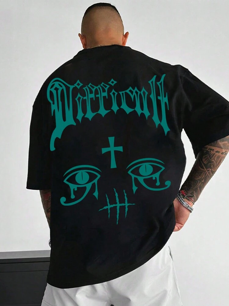Manfinity EMRG 男士夏季x眼&字母印花寬鬆垂墜肩t恤 - 黑色 - 查看 1
