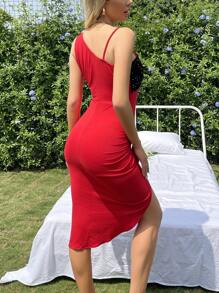 SHEIN SXY 不對稱翻領鱗片拼接單肩束腰裙 - 紅色 - 查看 2