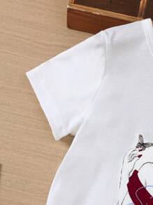 SHEIN 少女角色和蝴蝶印花短袖T恤和長褲套裝 - 酒紅色 - 查看 6