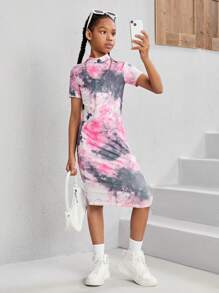 SHEIN 少女休閒編織水染短袖連衣裙,立領,適合度假 - 西瓜粉 - 查看 1