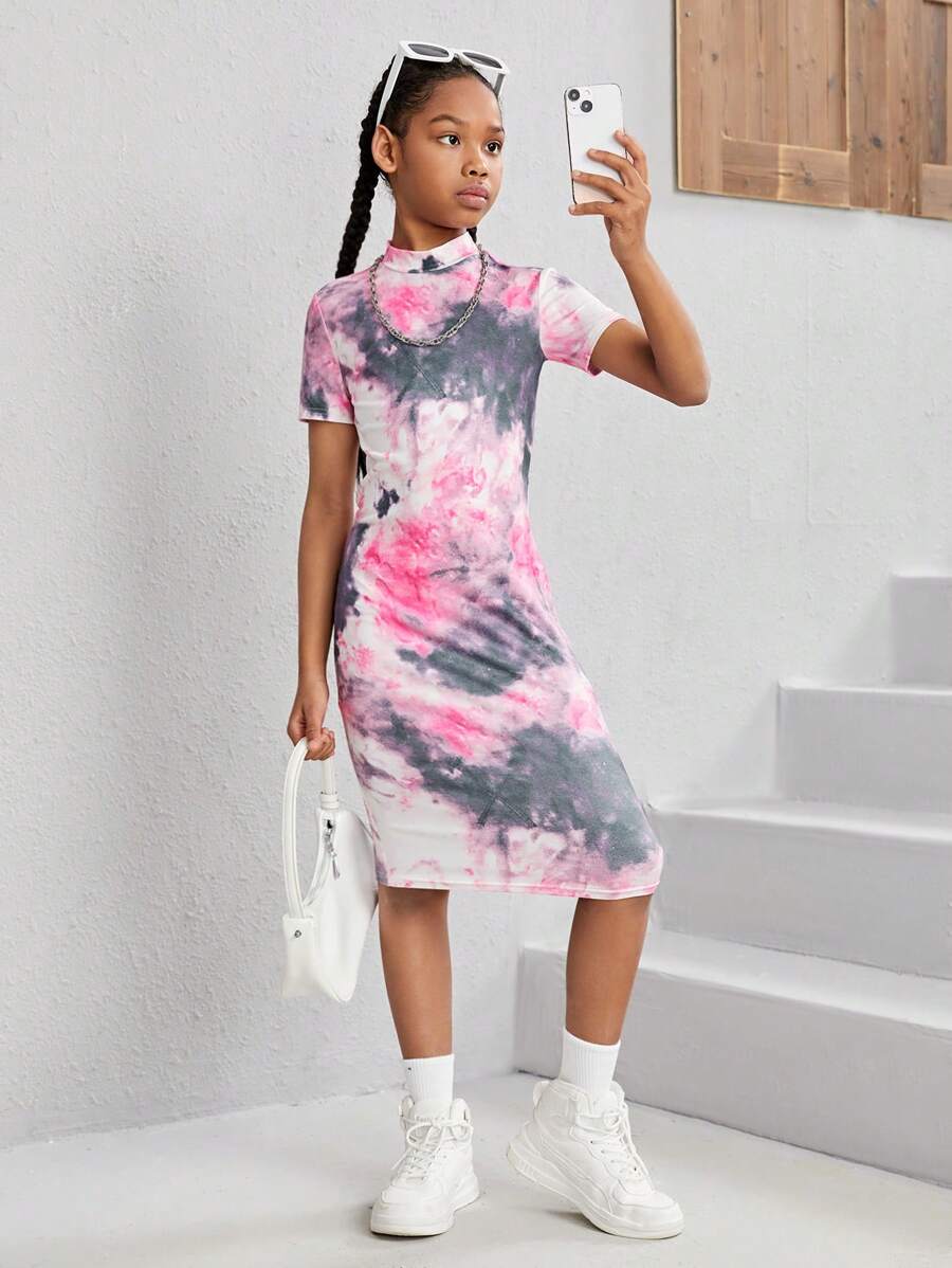 SHEIN 少女休閒編織水染短袖連衣裙,立領,適合度假 - 西瓜粉 - 查看 1