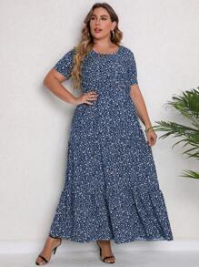 Plus Size Women's Short Sleeve Round Neck Bohemian Vacation Floral Printed Dress - Blue - View 1