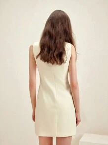 Anewsta Casual Jewel Neckline Seashell Edge Bodycon Dress Adorned With Rhinestone - Yellow - View 3