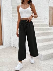 SHEIN Frenchy Lace Schiffy Splice Cami Top And Drawstring Waist Wide Leg Pants Set Summer Black - Black - View 3