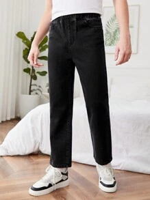 Teen Boy Basic Casual Elastic Waist Straight Leg Denim Jeans, Washed - Black - View 5