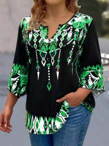 EMERY ROSE 加大尺碼幾何圖案鈕扣半開襟t恤 - 綠色 - 查看 2