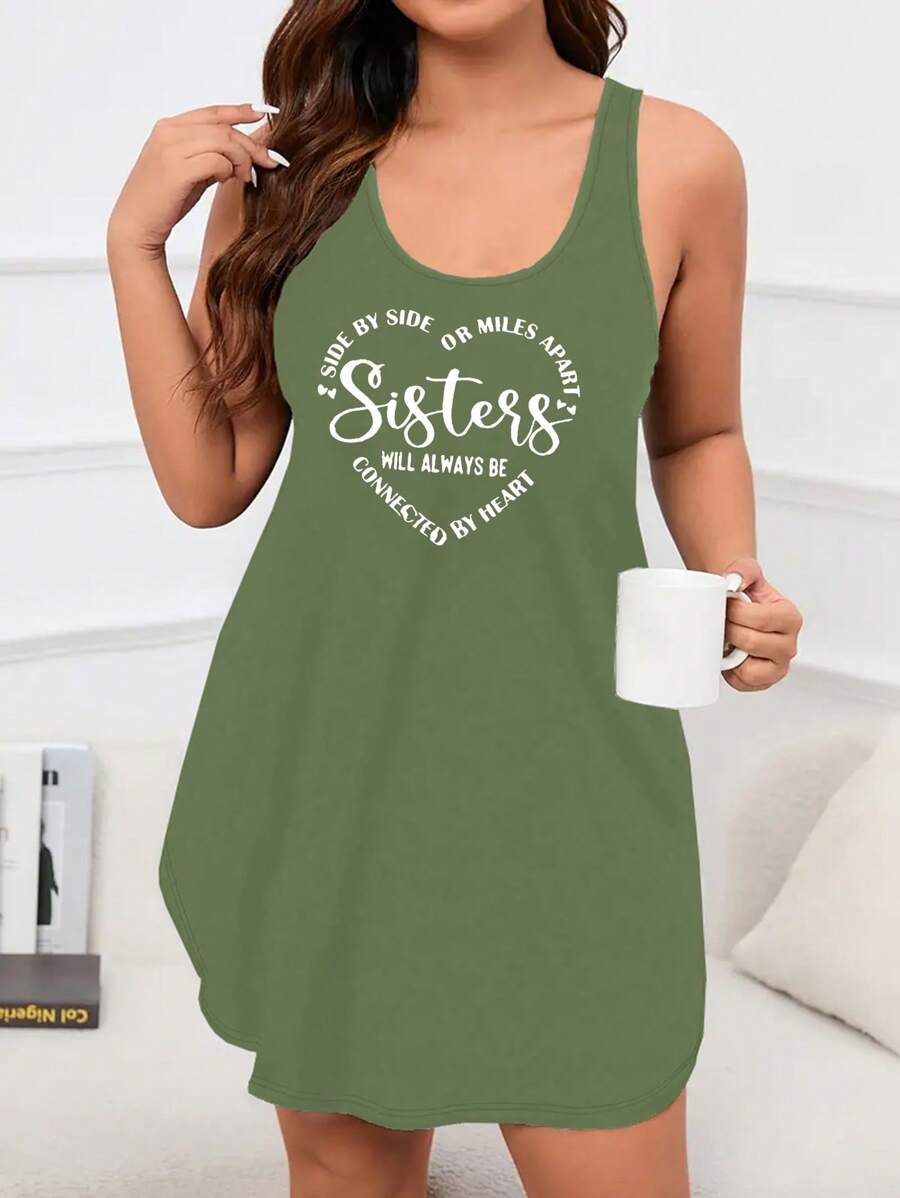 SHEIN EZwear Plus Size Women's Sleeveless Dress With Slogan & Heart Print - Army Green - View 1