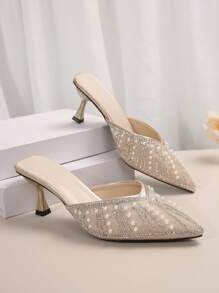 Spring Autumn New Korean Style Simple Rhinestone & Faux Pearl Pointed Toe High Heel Shoes, Rhinestone Women's Stiletto Mules Suitable For Business, Commuting, Party,Elegant,Women Pumps,Elegant - Champagne - View 6